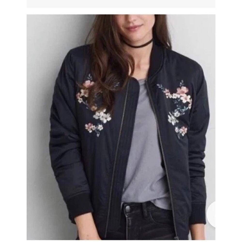 Y2k American Eagle Jacket S Black Floral Embroidered Bomber Boho Festival New - Picture 2 of 16